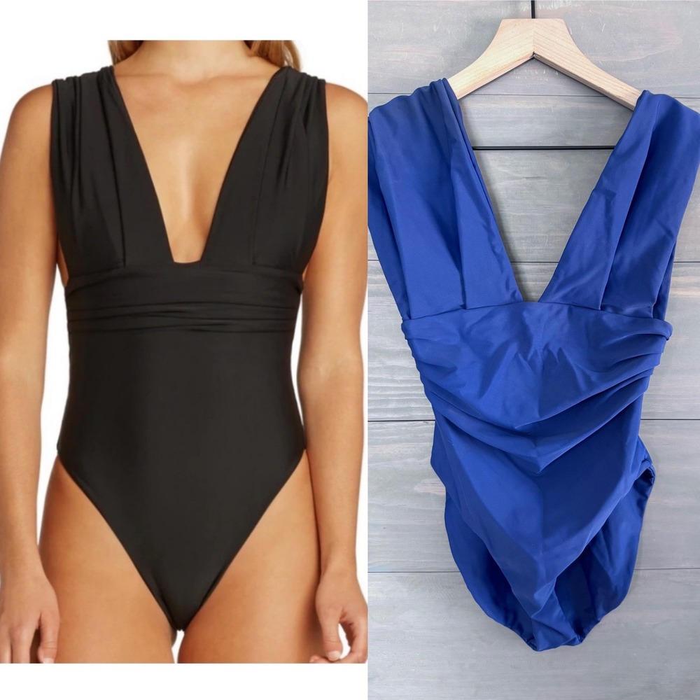 Cami and Jax Margot One Piece Swimsuit Blue Deep V-Neck Ruched‎ Waist Small NWT